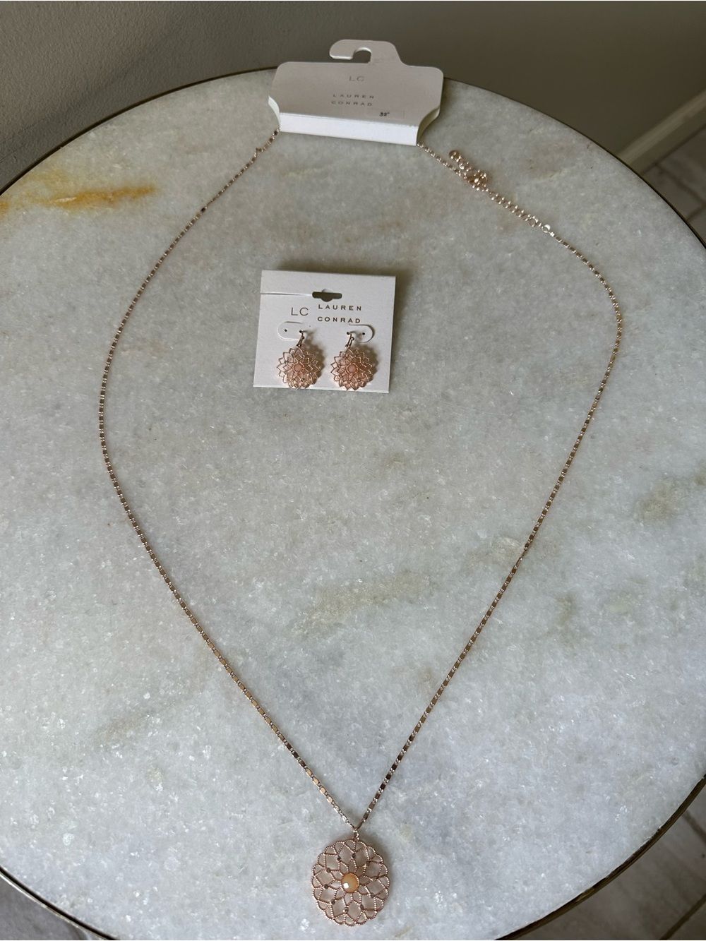 LC Lauren Conrad Rose Gold Medallion Floral Pendant Necklace and Earrings Set